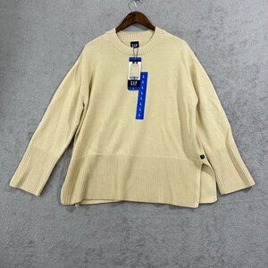 NEW Gap Womens L Beige Cotton Long-Sleeve Sweater With Ribbed Hem & Side Slits